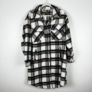 Blank NYC Plaid Button Down Long Shacket Coat White Brown Black Size Large